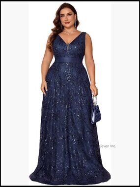 Plus Size Sequin Formal Dress with V-Neck A-Line Maxi